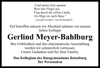 Traueranzeige von Gerlind Meyer-Bahlburg von SYK