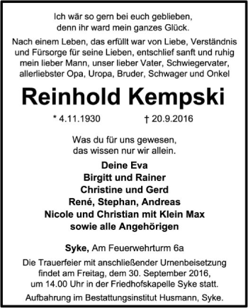 Traueranzeige von Reinhold Kempski von SYK