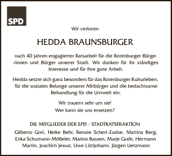 Traueranzeige von Hedda Braunsburger von SYK