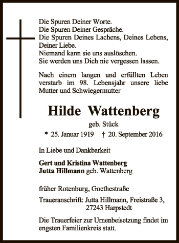 Traueranzeige von Hilde Wattenberg von SYK