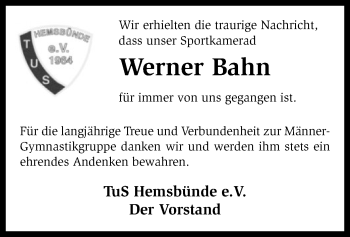 Traueranzeige von Werner Bahn von SYK