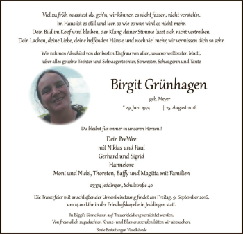 Traueranzeige von Birgit Grünhagen von SYK