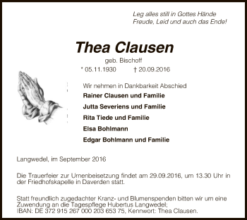 Traueranzeige von Thea Clausen von SYK