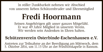 Traueranzeige von Fredi Hoormann von SYK