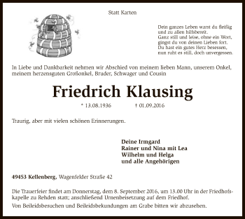 Traueranzeige von Friedrich Klausing von SYK