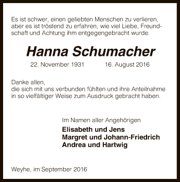 Traueranzeige von Hanna Schumacher von SYK