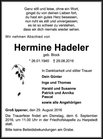 Traueranzeige von Hermine Hadeler von SYK