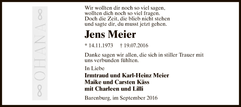  Traueranzeige für Jens Meier vom 17.09.2016 aus SYK