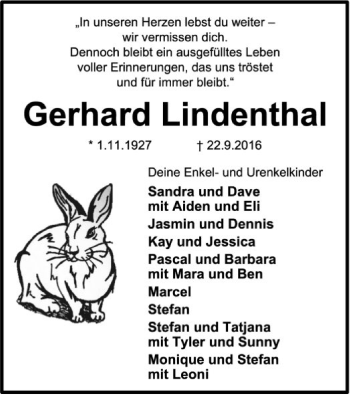 Traueranzeige von Gerhard Lindenthal von SYK