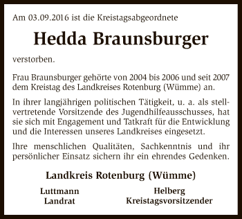 Traueranzeige von Hedda Braunsburger von SYK