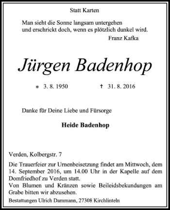 Traueranzeige von Jürgen Badenhop von SYK