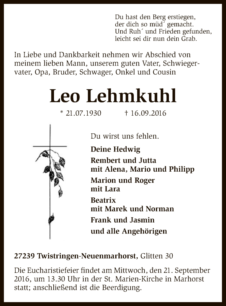  Traueranzeige für Leo Lehmkuhl vom 19.09.2016 aus SYK