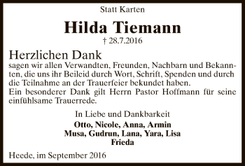 Traueranzeige von Hilda Tiemann von SYK