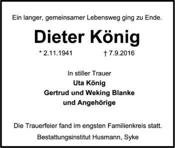 Traueranzeige von Dieter König von SYK