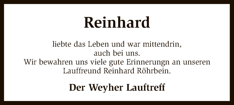  Traueranzeige für Reinhard Röhrbein vom 09.09.2016 aus SYK