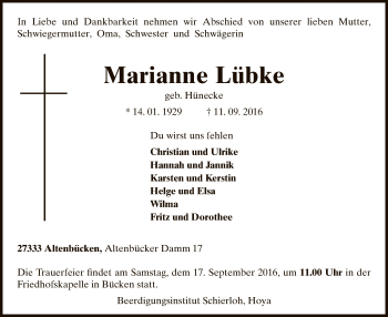 Traueranzeige von Marianne Lübke von SYK