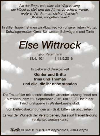 Traueranzeige von Else Wittrock von SYK