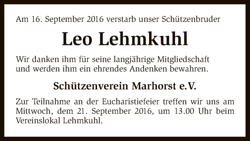  Traueranzeige für Leo Lehmkuhl vom 19.09.2016 aus SYK