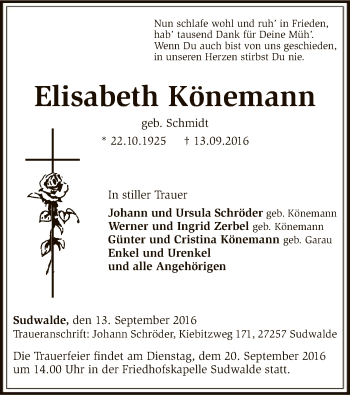 Traueranzeige von Elisabeth Könemann von SYK