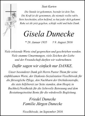 Traueranzeige von Gisela Dunecke von SYK