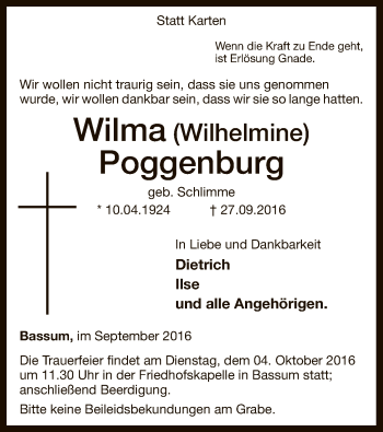 Traueranzeige von Wilma Poggenburg von SYK