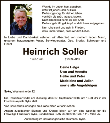 Traueranzeige von Heinrich Soller von SYK