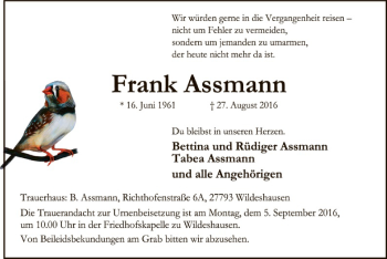 Traueranzeige von Frank Assmann von SYK