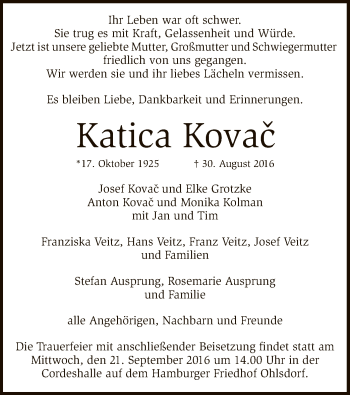 Traueranzeige von Katica Kovac von SYK