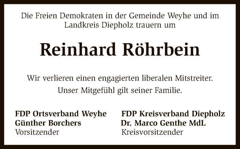  Traueranzeige für Reinhard Röhrbein vom 09.09.2016 aus SYK