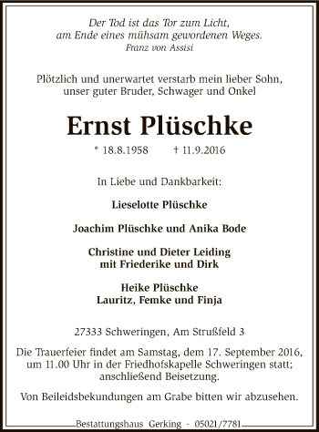 Traueranzeige von Ernst Plüschke von SYK