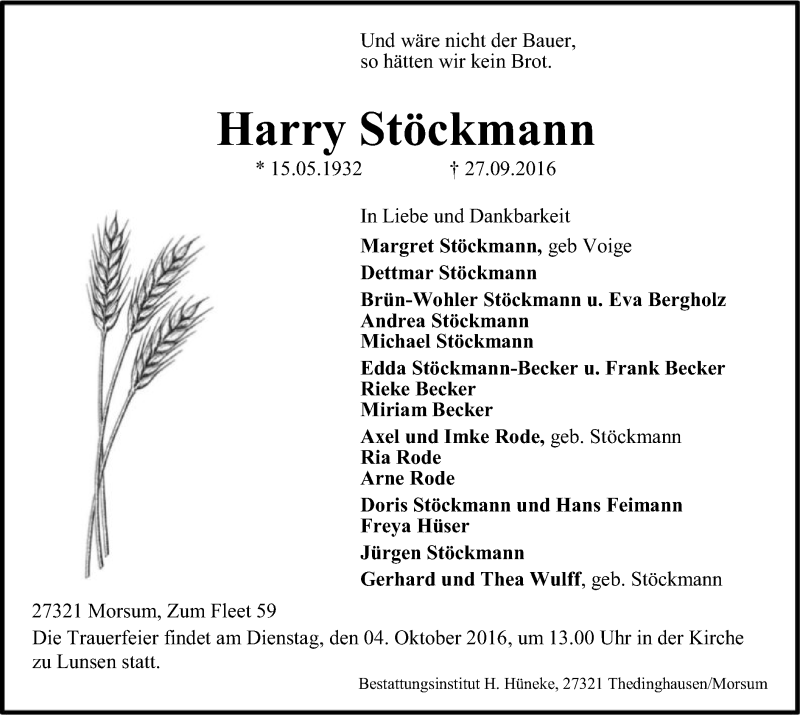  Traueranzeige für Harry Stöckmann vom 29.09.2016 aus SYK