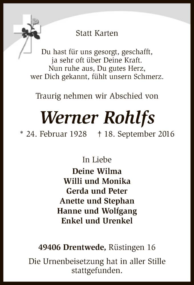  Traueranzeige für Werner Rohlfs vom 24.09.2016 aus SYK