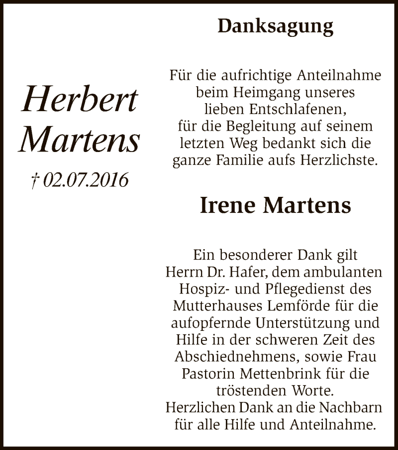  Traueranzeige für Herbert Martens vom 17.09.2016 aus SYK