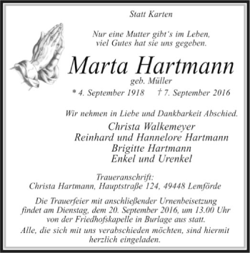 Traueranzeige von Marta Hartmann von SYK