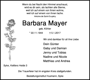 Traueranzeige von Barbara Mayer von SYK
