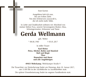 Traueranzeige von Gerda Wellmann von SYK