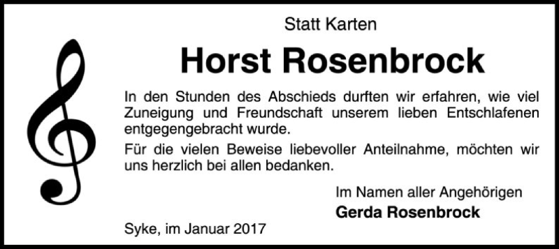  Traueranzeige für Horst Rosenbrock vom 14.01.2017 aus SYK