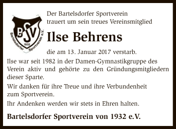 Traueranzeige von Ilse Behrens von SYK