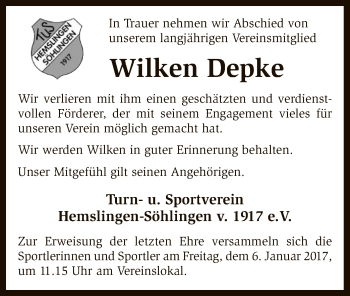 Traueranzeige von Wilken Depke von SYK