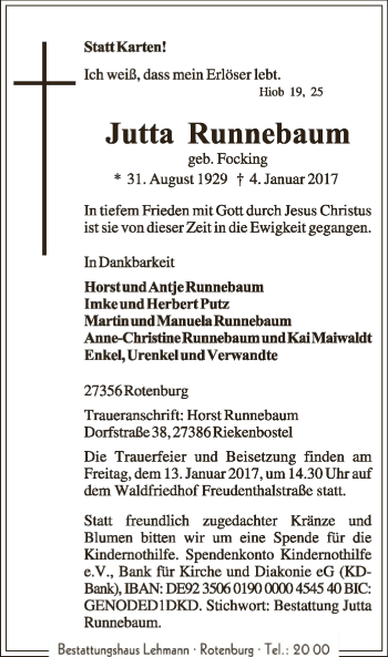 Traueranzeige von Jutta Runnebaum von SYK
