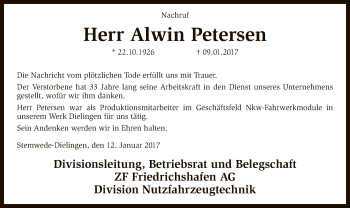 Traueranzeige von Alwin Petersen von SYK