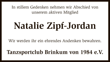 Traueranzeige von Natalie Zipf-Jordan von SYK