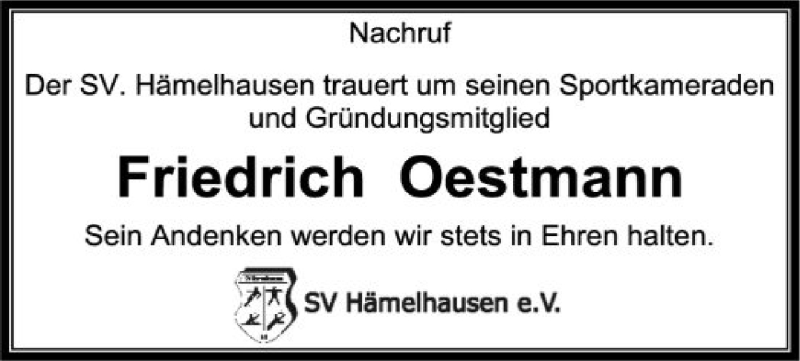  Traueranzeige für Friedrich Oestmann vom 18.01.2017 aus SYK