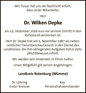 Traueranzeige von Wilken Depke von SYK