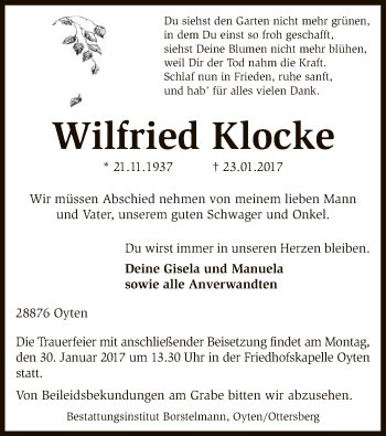 Traueranzeige von Wilfried Klocke von SYK