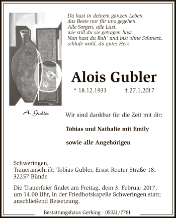 Traueranzeige von Alois Gubler von SYK