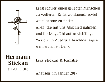 Traueranzeige von Hermann Stickan von SYK