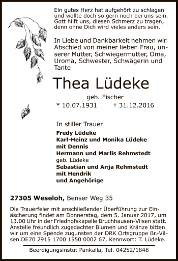 Traueranzeige von Thea Lüdeke von SYK