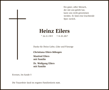 Traueranzeige von Heinz Eilers von SYK