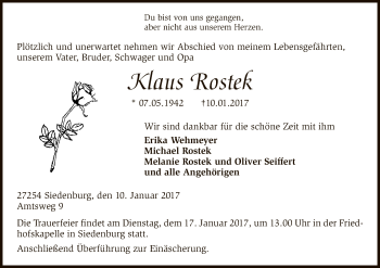 Traueranzeige von Klaus Rostek von SYK